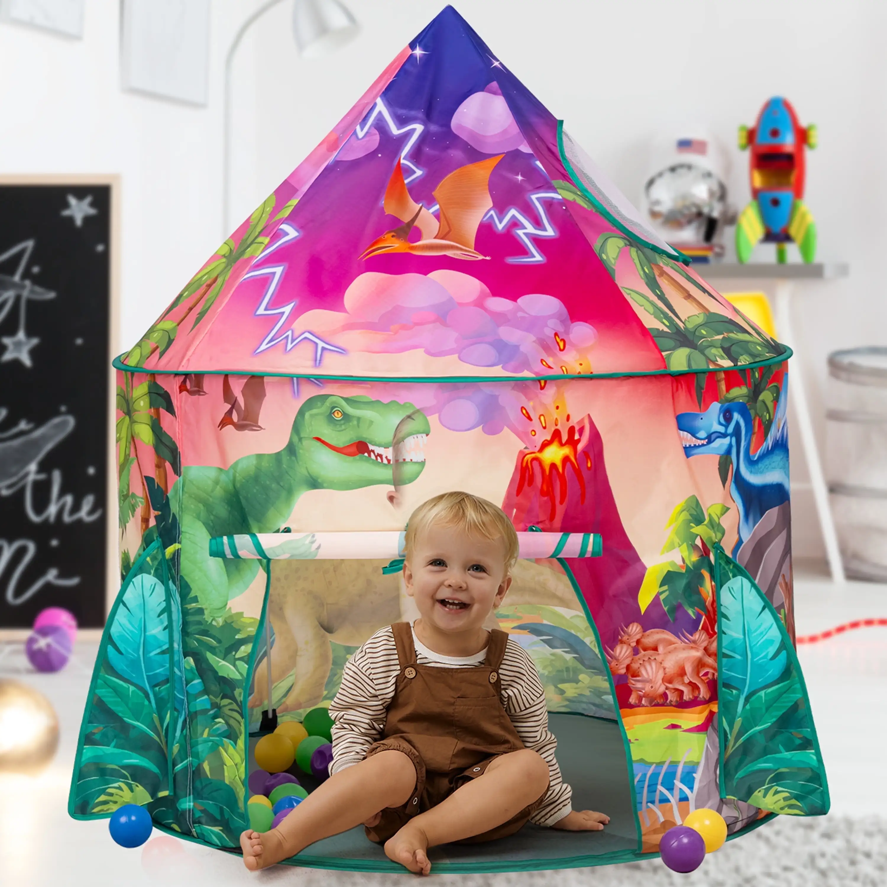 Joyfy dinosaure enfants jouer tente Pop Up Playhouse intérieur extérieur tente ensemble pour enfants en bas âge âgés de 3 5 6 8 anniversaire cadeau de noël