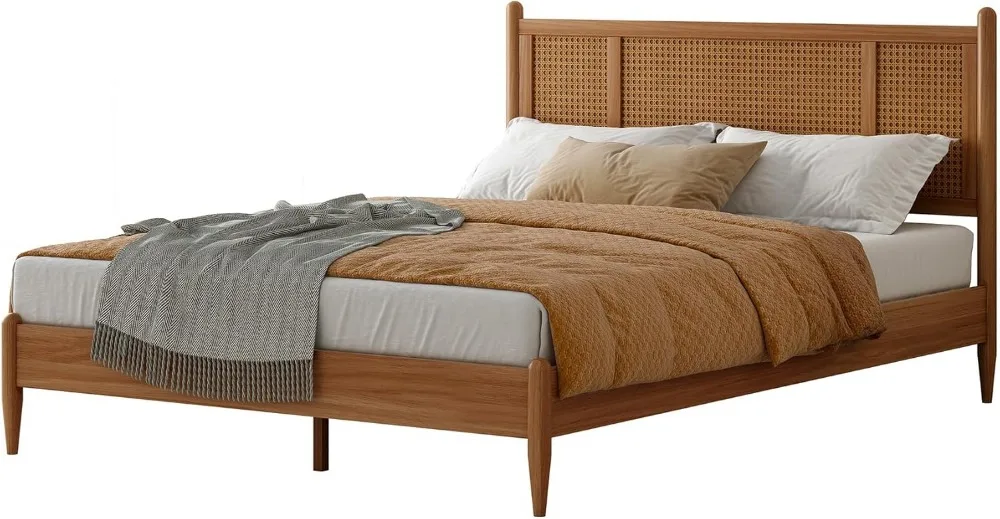 

Wooden King Size Bed Frame with Natural Rattan Headboard Bohemian Mid Century Modern Style Solid Wood Slat Support