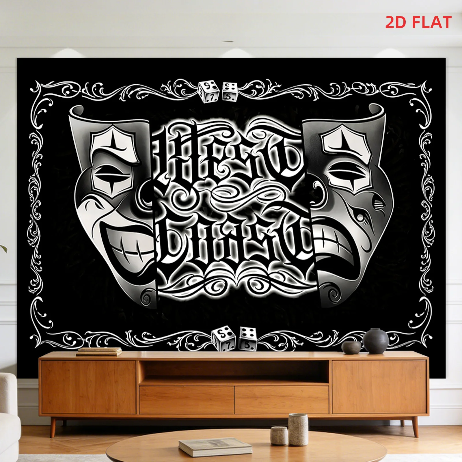 Comedy Tragedy Drama Tapestry, Silver Classic Theater Masks, Monochrome Wall Hanging, Vintage Stage Performing Arts Decor