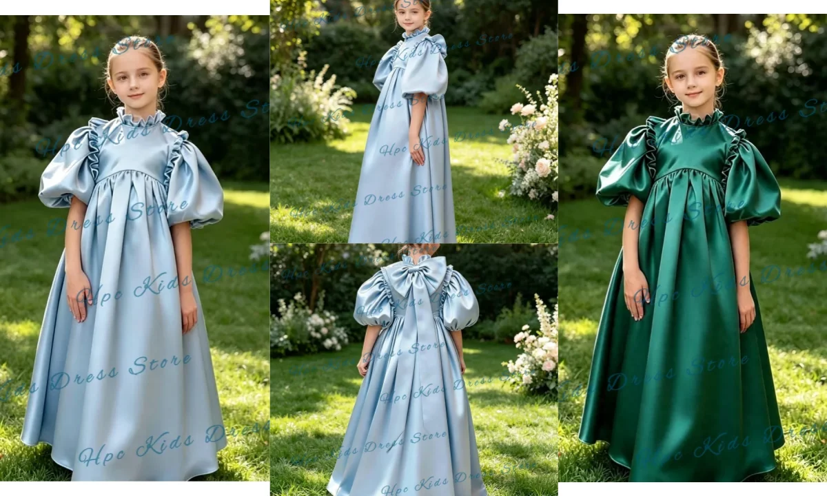 Robe de demoiselle d'honneur personnalisée en satin bleu clair, col à volants, manches bouffantes, coupe trapèze, pour mariage, fête, demoiselle d'honneur, événement formel