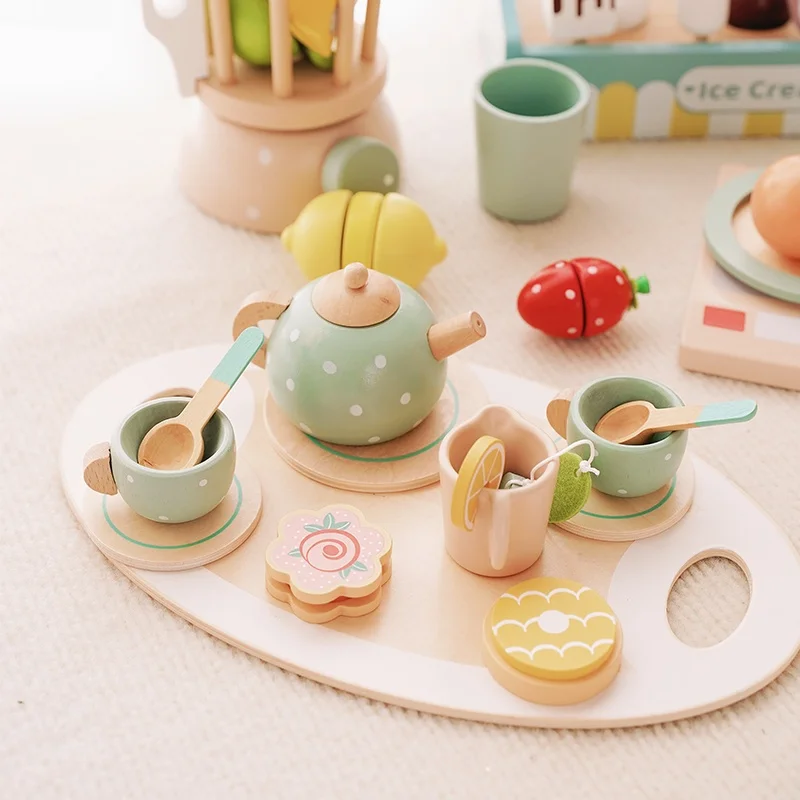 Royal Afternoon Tea Set Pretend Play Wooden Toys Kitchen Cake Role Play Parent-Child Learning Educational Toys For Children Gift