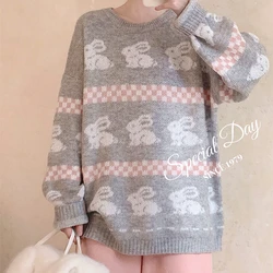 Gray Love Rabbit Jacquard Sweaters for Girls O-neck Loose Large Size Knitted Pullover Japanese Cute Anime Winter Jersey Jumper