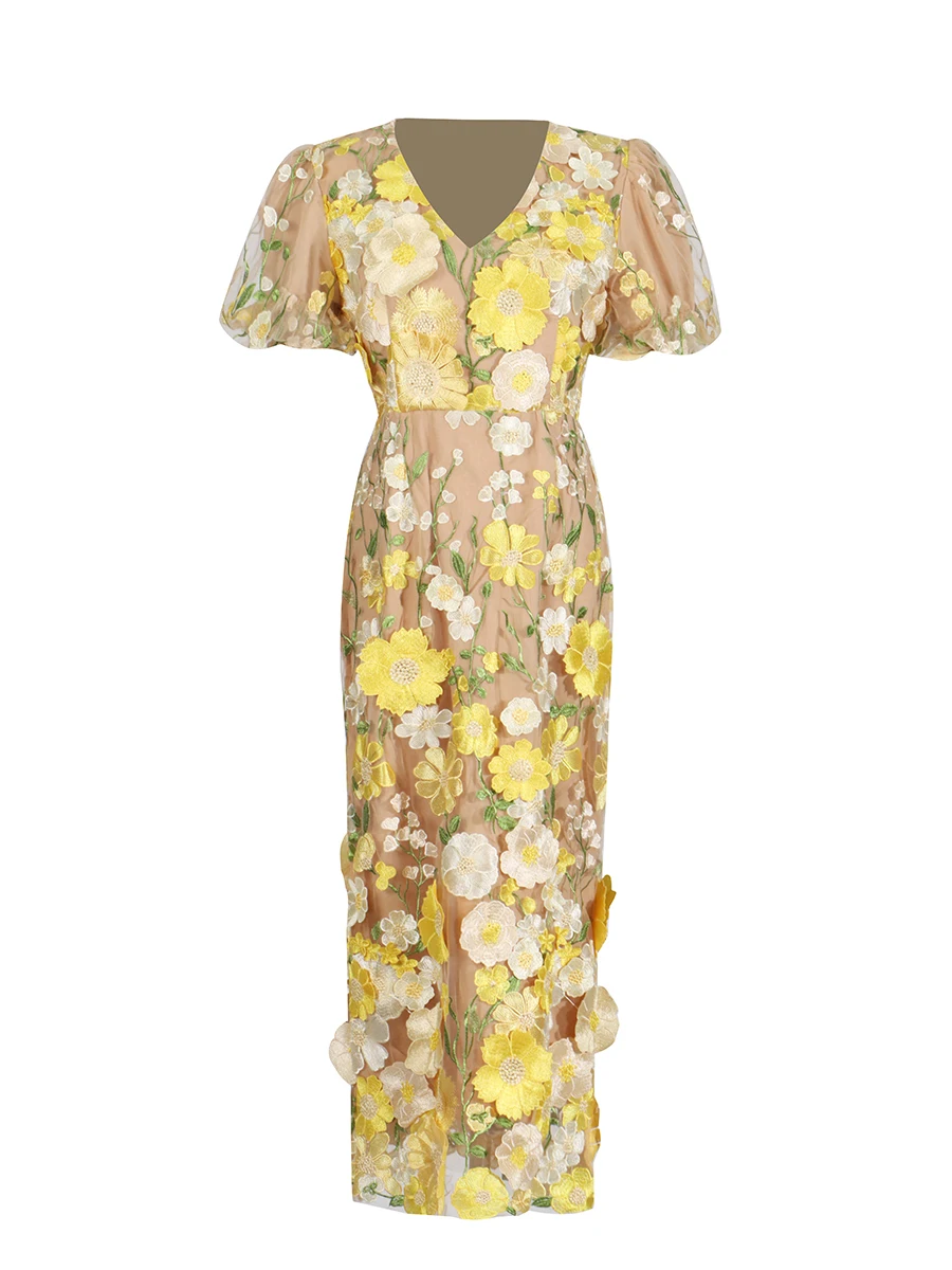 TWOTWINSTYLE 히트 컬러 스플라이스 자수 우아한 여성용 드레스 V넥 반팔 튜닉 패치워크 3D 꽃무늬 드레스