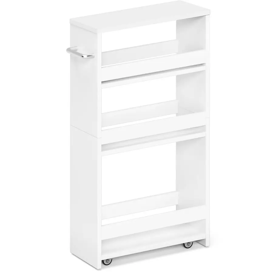 

White Slim Storage Cart with Wheels, 4 Tier Rolling Utility Cart with Handle Slide Out Shelving Unit Organizer Trolley for Laun