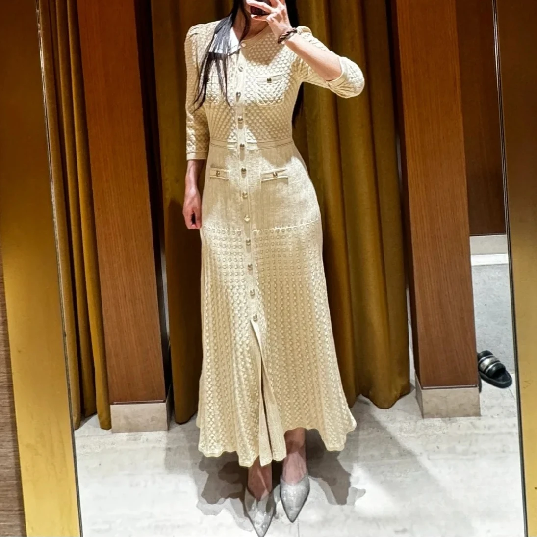 

Women half sleeve beige knitted dress single breasted slim fit pockets decoration evening party midi robe