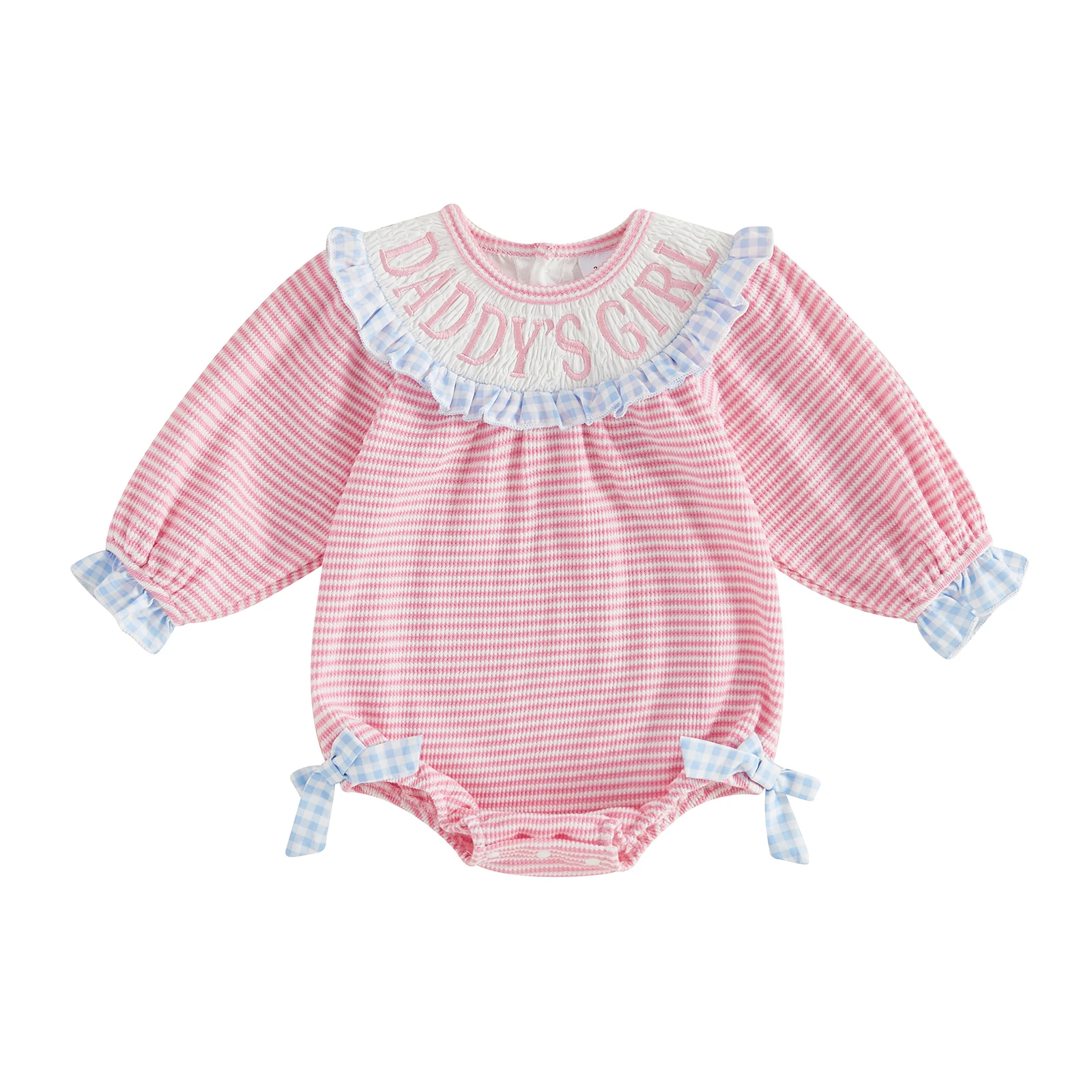 

Baby Girls Plaid Striped Romper Letter Embroidery Side Bow Long Sleeve Jumpsuits for Newborn Infant Fashion Clothes
