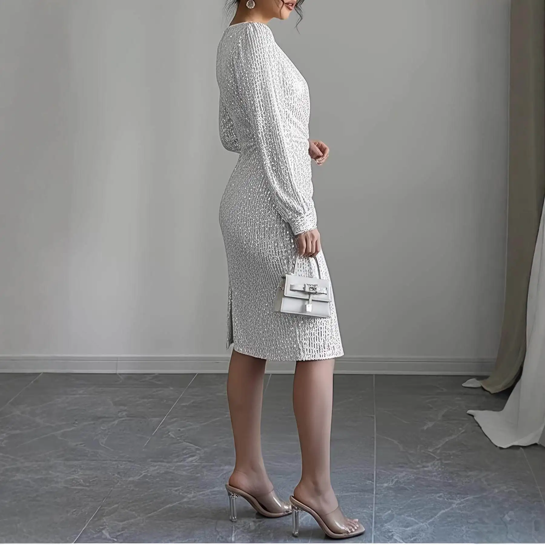 

Faionable V-Ne Pure Color Slim Fit Long Sve Chiffon Dr Split Evening Gown Ele Classy Sle for Men Autumn Wear