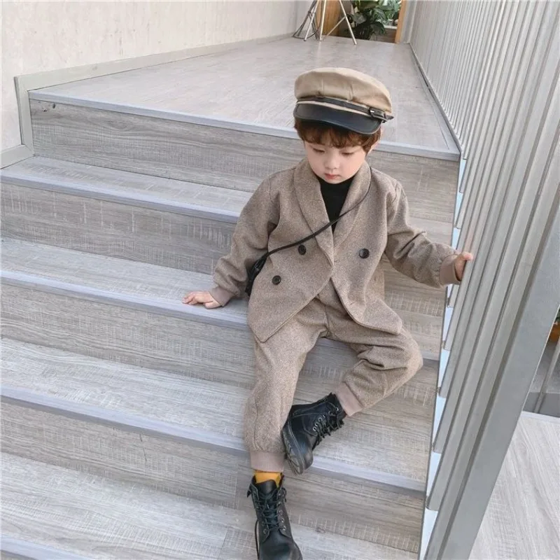 Boys Fleece Lined Suit Set Korean Style Casual Blazer British Style 2 Piece Outfit for Kids