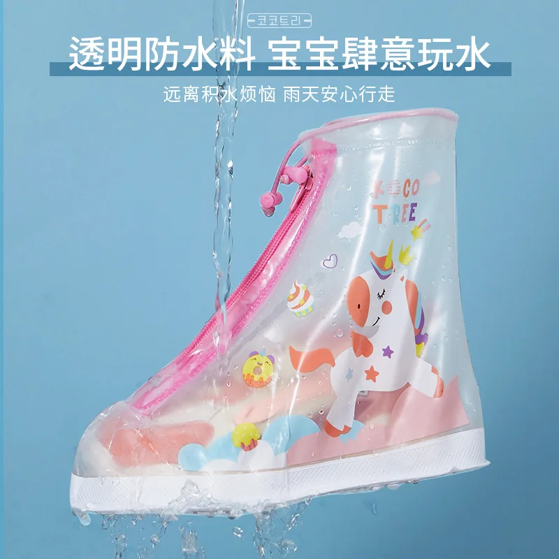 Cubiertas de zapatos de lluvia impermeables antideslizantes transparentes para niños, zapatos de lluvia sólidos, Galoshes de dinosaurio de dibujos animados, cremallera de PVC, 1 Juego