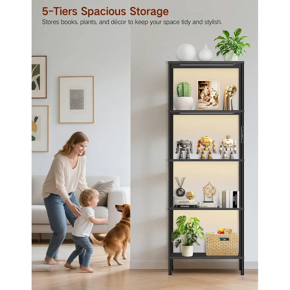 Modern 5-Tier LED Lighted Bookcase, Dimmable with Touch and Remote, 3 Color Modes, Sleek Black for Rooms and Offices