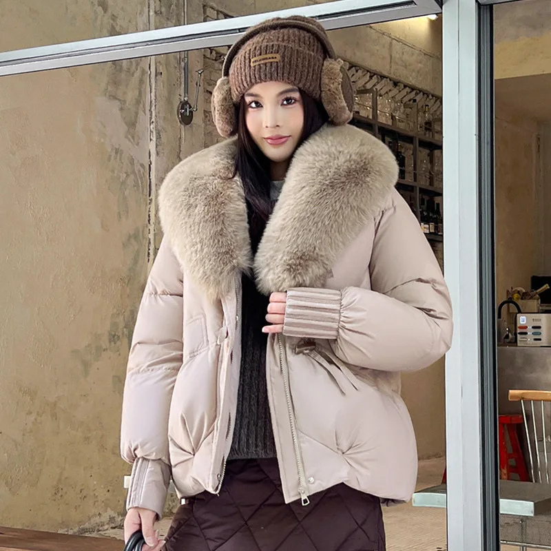 Hooded Women Parkas Coats Short Jacket Oversize Solid Big Fur V Collar Zipper Loose Fit Thick Office Lady Casual 2025 Winter