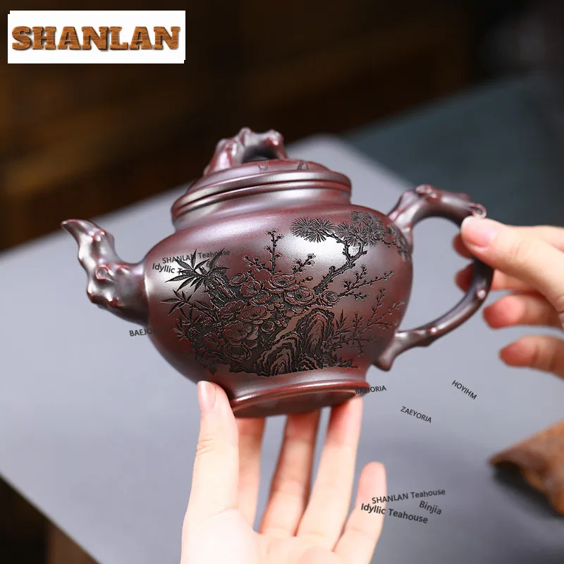 HOYIHM 450ml Creative Yixing Purple Clay Teapots Handmade Spring Pot Raw Ore Ancient Black Mud Kettle Zisha Tea Set Cha Ornament