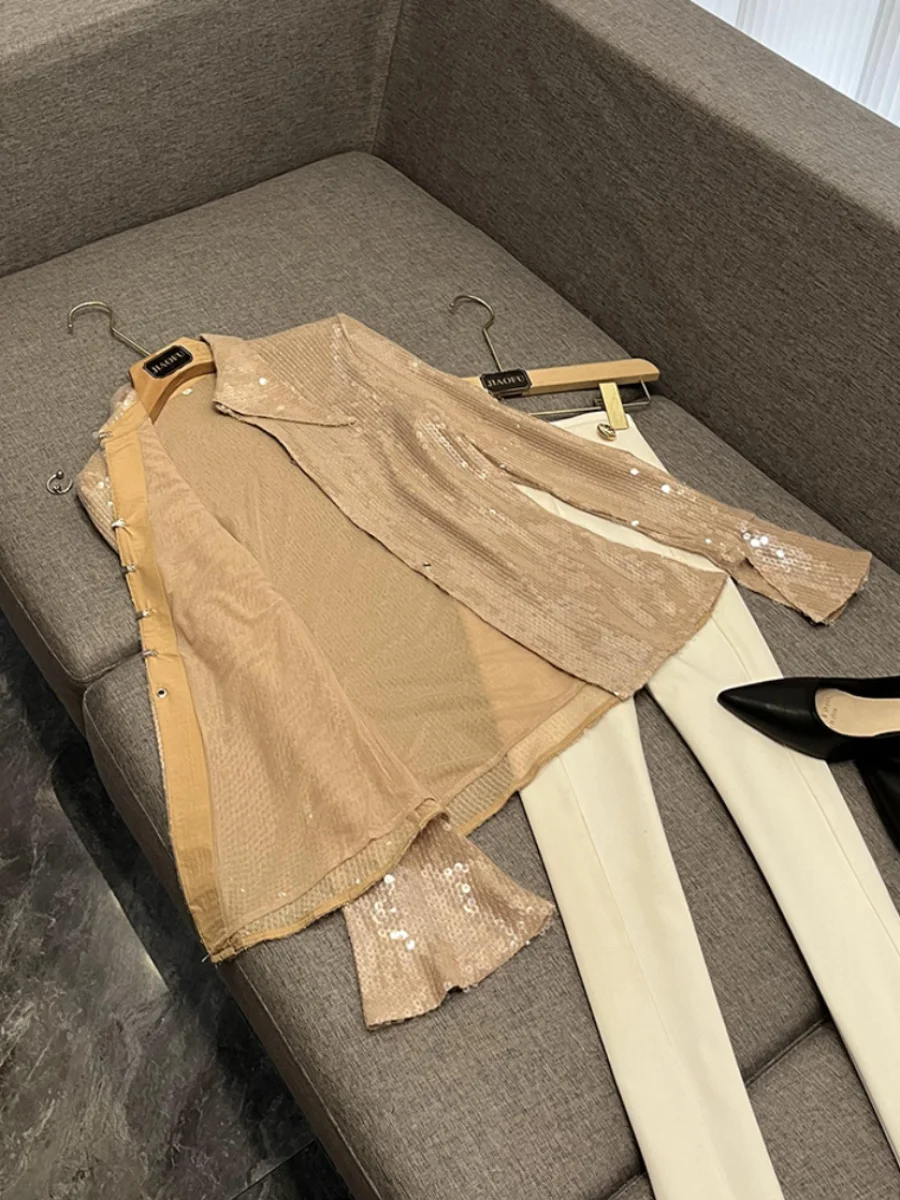 

New Winter 2025 Women's Slim Fit Elastic Me irt A254 Bright Sequin Bead Blouse Transparent European Sle Long Sve irt