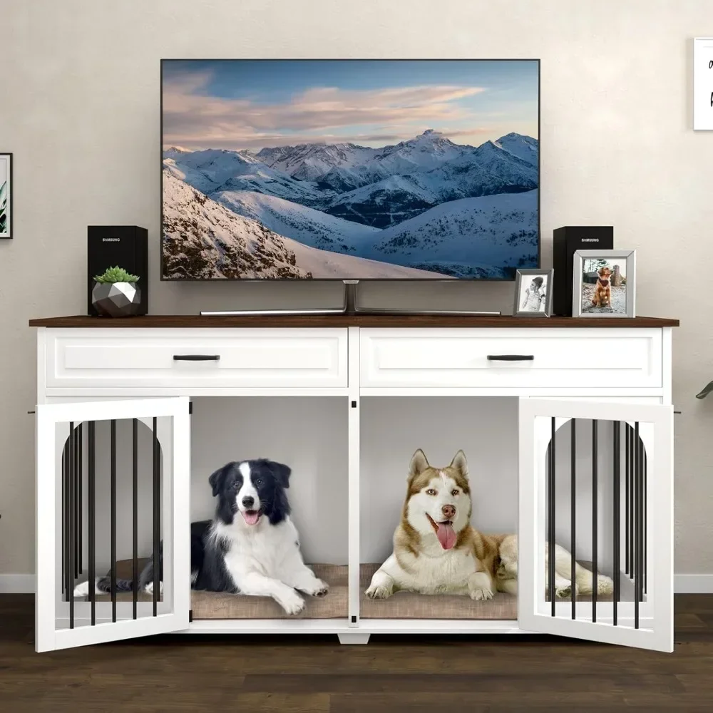 

74.8" Dog Crate, Wooden Heavy Duty Dog Crates Kennel Cage Furniture Style TV Stand for 2 Dogs with Divider Drawers and Locks