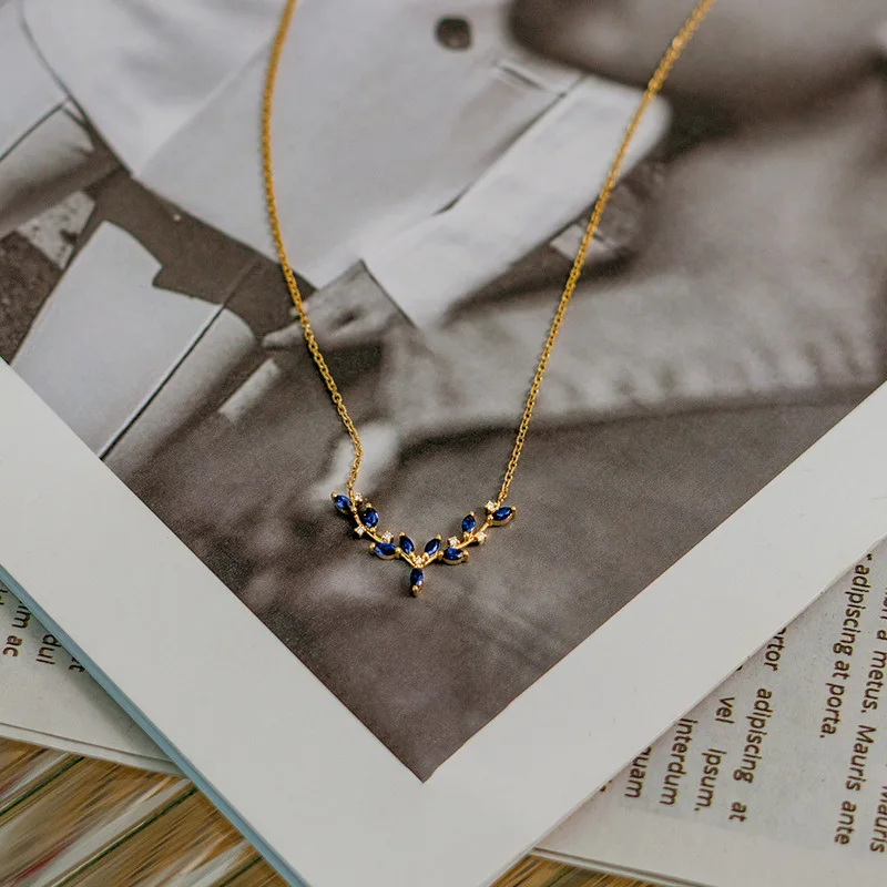 S925 Sterling Silver Blue Zircon Antler Pendant Necklace Clavicle Chain Women Vintage Gentle Jewelry Wedding Anniversary Gift