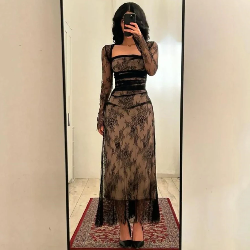 

Dream Classic Lace Cocktail Dress Square Collar Illusion Long Sleeve with Pleat Straight Ankle Length Customized Party Gowns