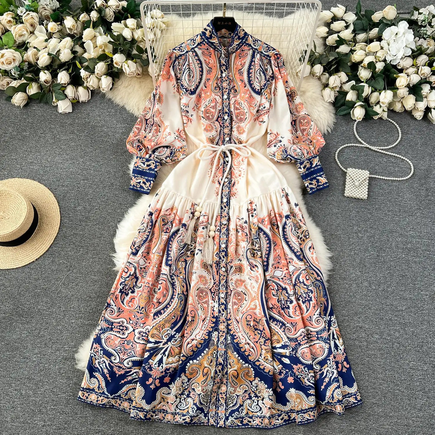 

Retro Paisley Print Dress Women 2024 New Spring Stand Collar Long Lantern Sleeve Lace Up Holiday Party Maxi Vestidos 6591