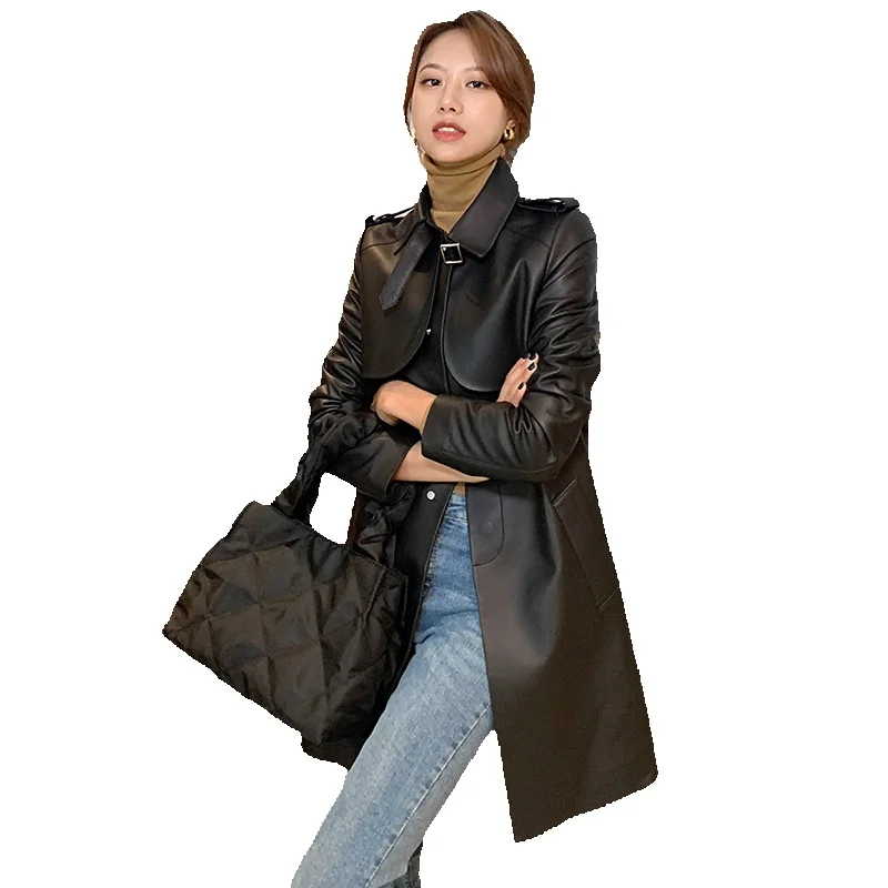 

New Waistband Genuine Leather Jacket For Women's Long Style Sheep Leather Windbreaker Jacket Counter