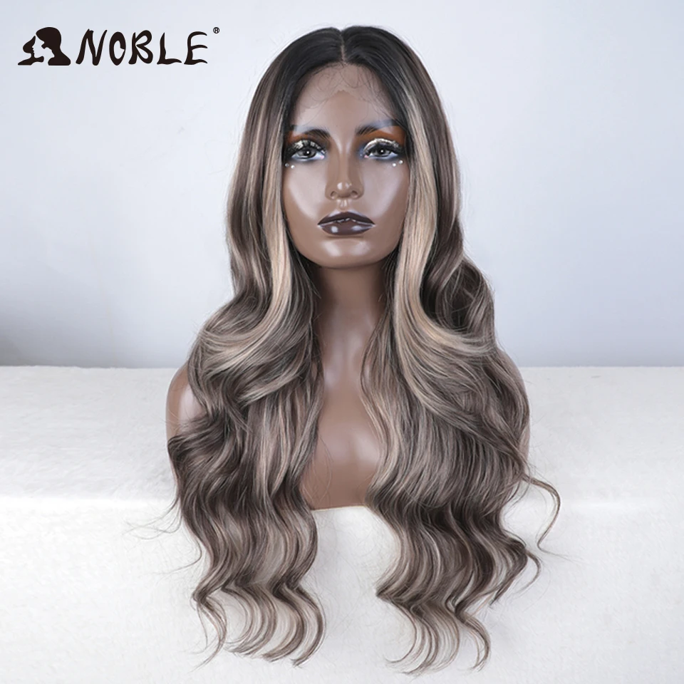 Edle Lace-Front-Perücke, synthetisch, 28 Zoll, mit honigbraunen Highlights, gewellte Perücke, blonde Perücken für Damen, Lace-Perücke, synthetische Lace-Front-Perücke. – Detail 5