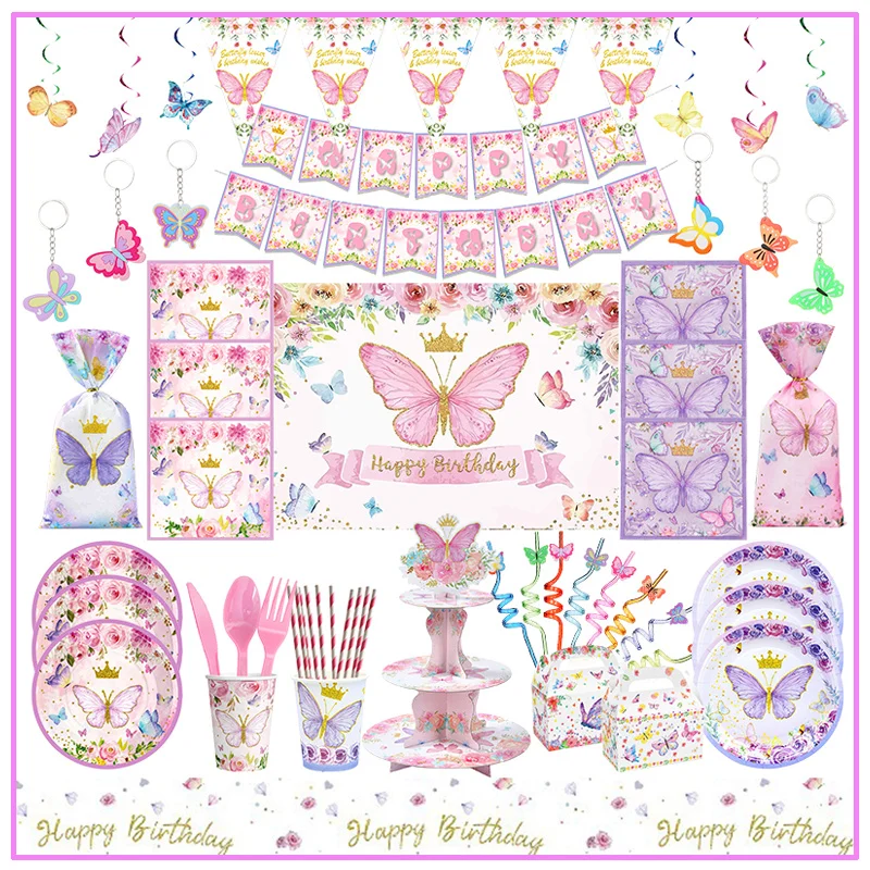 Butterfly Birthday Party Decorations DIY Supplie Purple Pink Spring Floral Paper Cups Napkins Plates Candy Bags for Kids Event