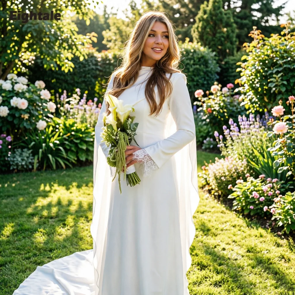Eightale Arabic Wedding Dress O-Neck Customized Ivory Bridal Gown Long Sleeves Muslim A-Line Floor Length Bride Party Dress