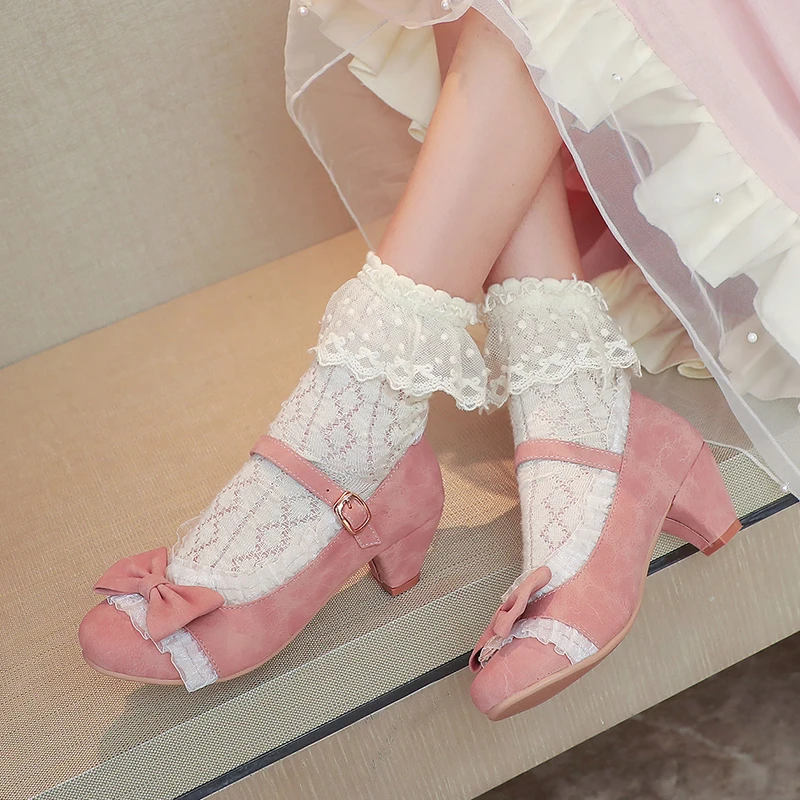 Matting Frosted Leather Classic Lolita Shoes Sweet Lace Edge Buckle Strap Spike Heel Pumps Fashion Party Princess Cosplay