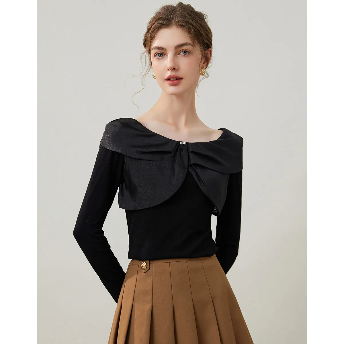 

Shawl-collar Round Neck T-shirt Pullover Slightly Stretchy Slim-fit Women's Long Sleeve Tees Tops for Women Spring Autumn 2025