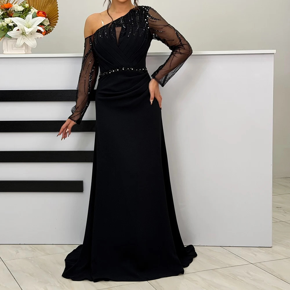 

Customized A-line Evening Dresses Floor-length One-shoulder Full Sleeve Prom Gown Fashion Sequined Simple Draped Party Gown
