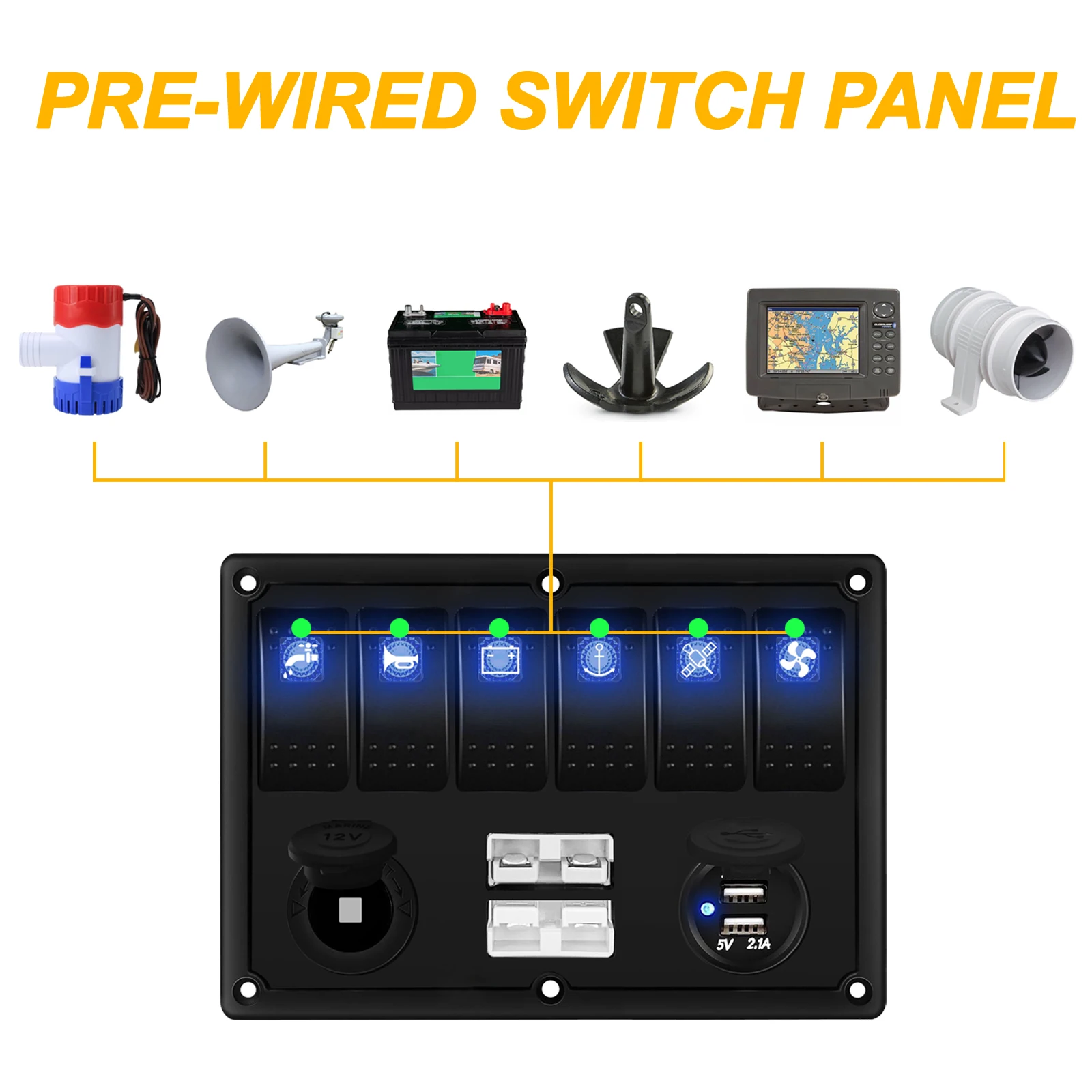 6 Gang Boat Switch Panel 12V Blue Led Rocker Switch Dual USB Power Socket 50A Battery Connect Disconnect Plug for Car ATV UTV