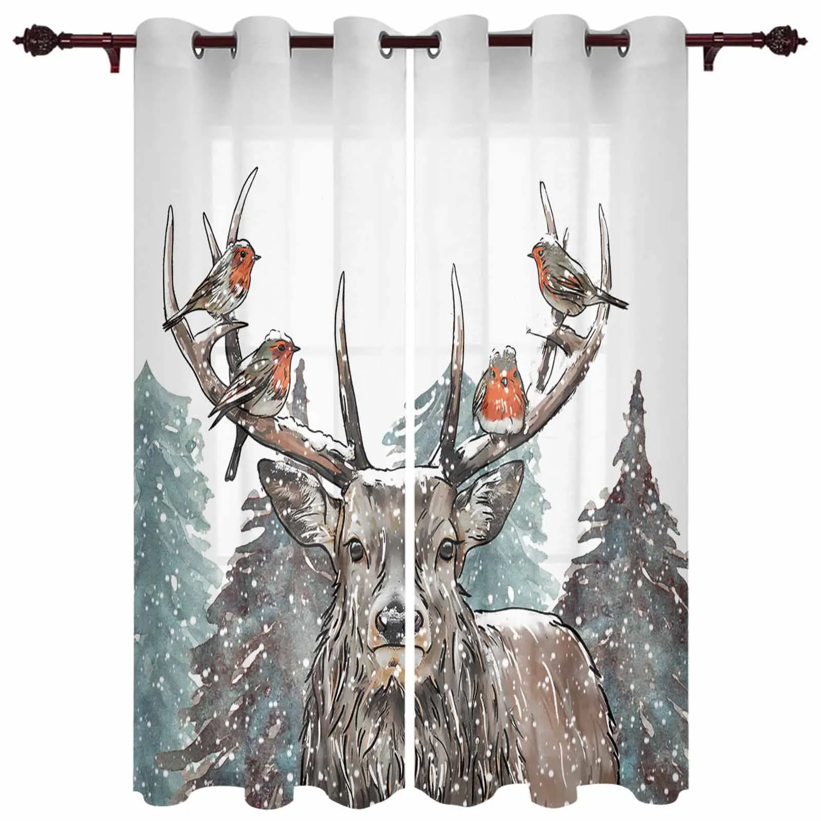 Christmas Snow Scene Hand Painted Deer Windows Curtains Living Room Luxury Decor Xmas Curtain Bedroom Kitchen Window Drapes