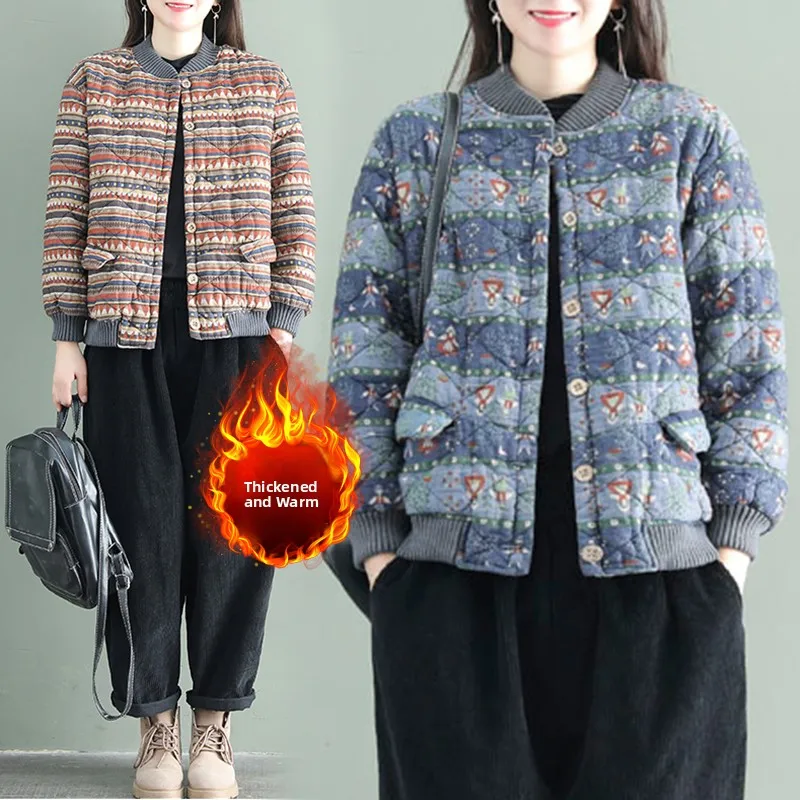 Thickened Cotton Linen Baseball Jacket Long Sleeve Stand Collar Printed Warm Coat Women's Short Outerwear Winter Fashion