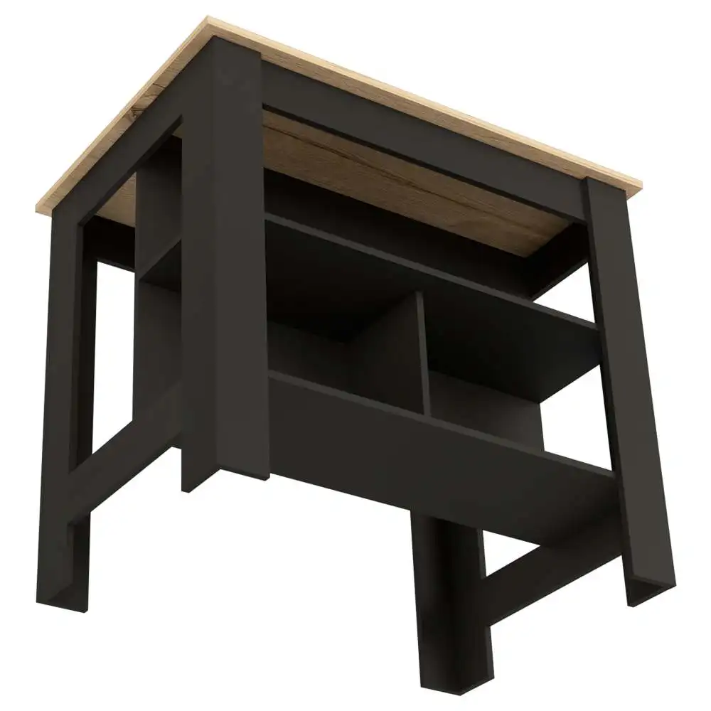 Kitchen Island Kitchen Table 35" H Four Legs Three Open Storage Shelves Black / Light Oak