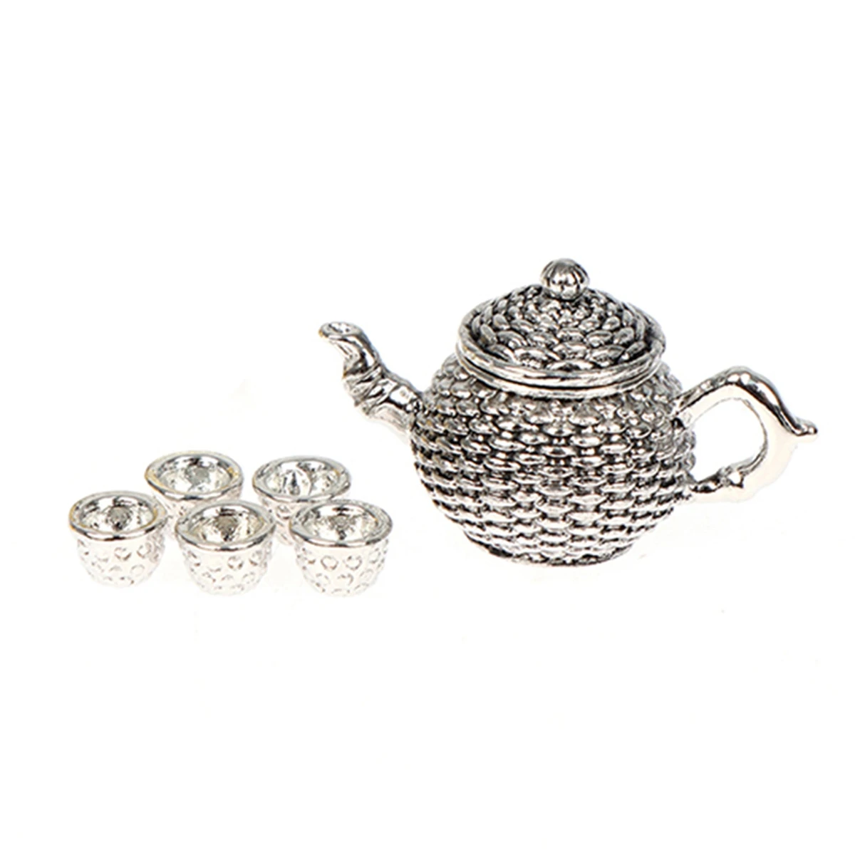 6Pcs 1:12 Miniature Furniture Teapot W/ Lid+5 Cups Dining Ware Set Kitchen Decor Accessories Silver