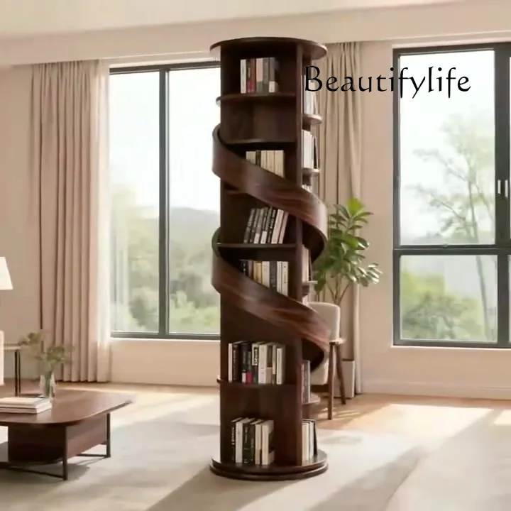 Modern minimalist North American black walnut spiral bookshelf Song-style aesthetic special-shaped rotating bookshelf storage