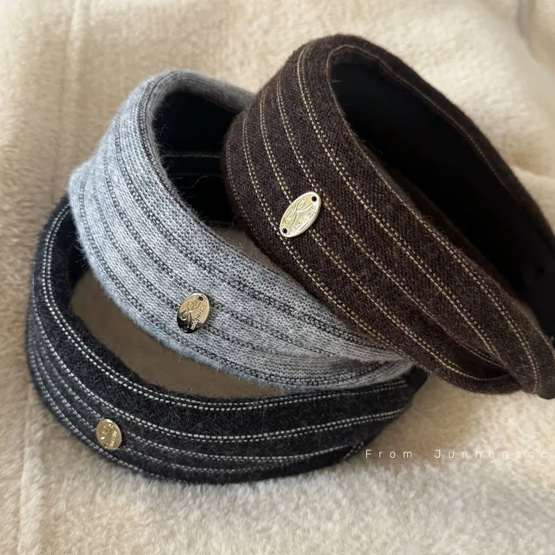 

Умная высококачественная вязаная шерстяная полосатая повязка на голову, модная темпераментная повязка на голову с золотой этикеткой и бантом, женская повязка на голову для волос