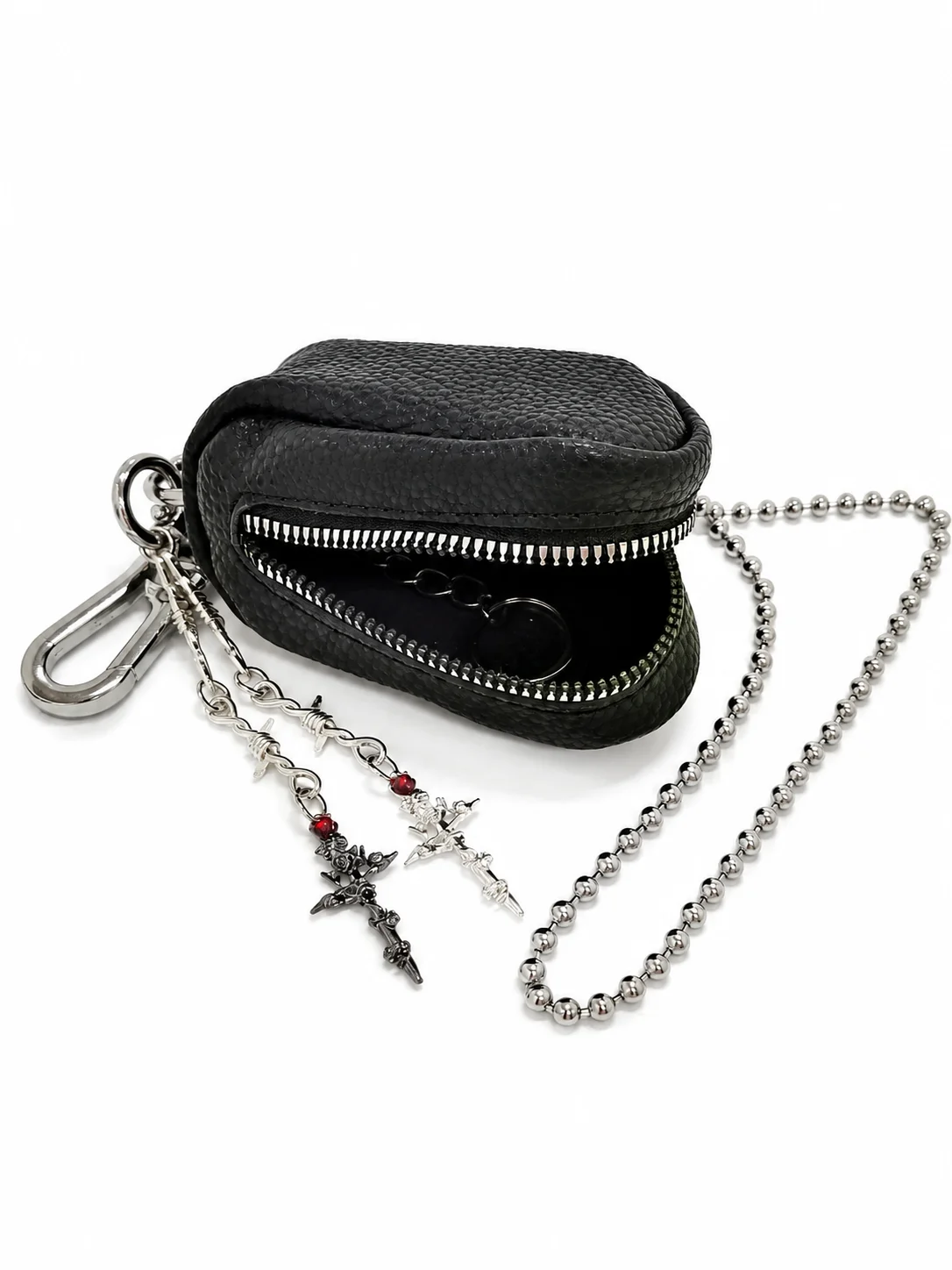 Gotischer Dornenkreuz-Münzbeutel-Schlüsselanhänger mit Doppelkreuz-Anhängern, Mini-Reißverschluss-Geldbörsen-Taschenanhänger, Punk-Street-Fashion-Anhänger – Detail 3