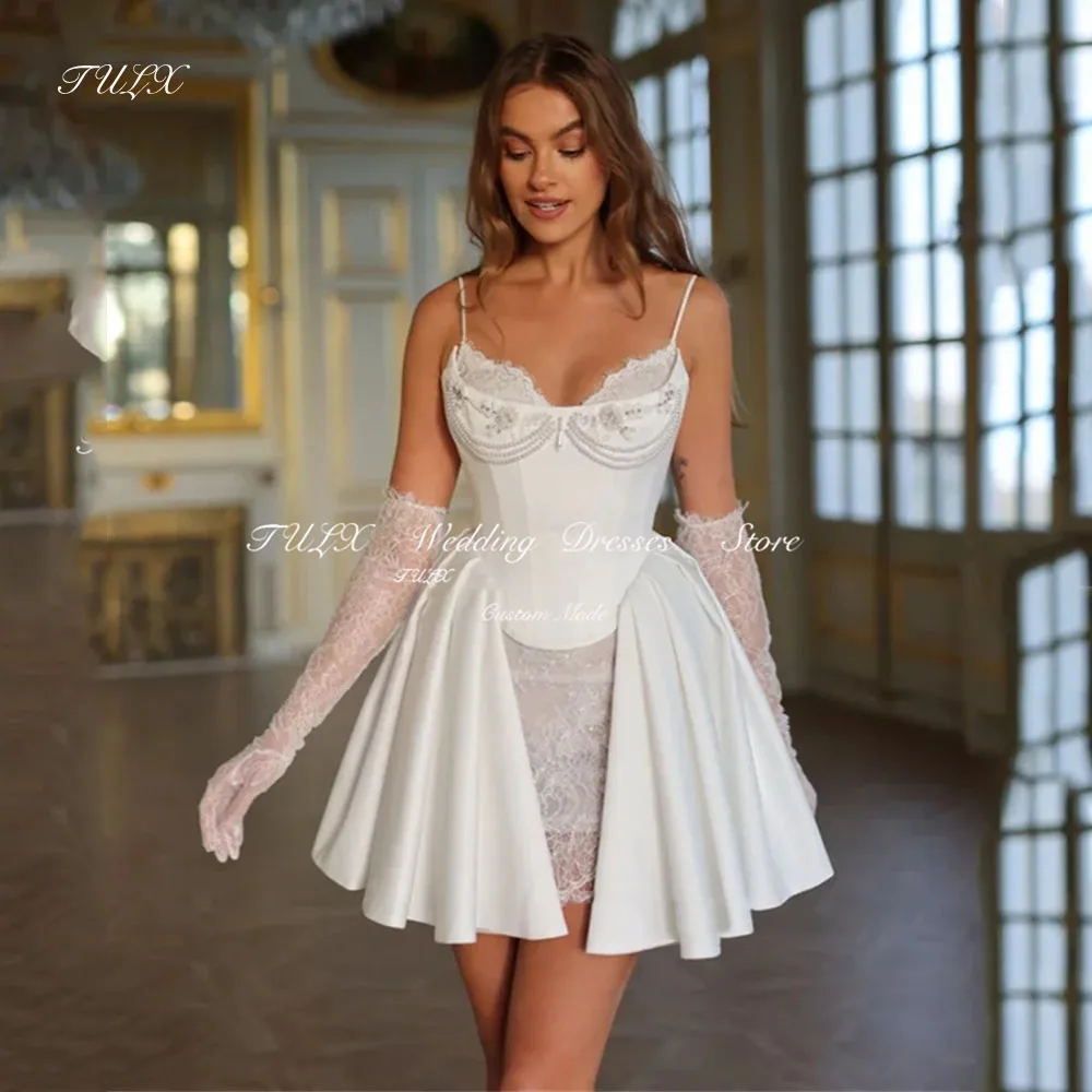 

TULX Princess Ivory Mini Wedding Dresses Sweetheart Lace Up Prom Gowns Pleats Spaghetti Straps Pearls Bridal Gowns Customized