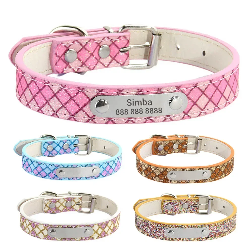 Custom Bling Leather Dog Collar with Name, Solid Personalized Engraved Puppy ID Collars, Small Medium and Large Dogs, XS-L