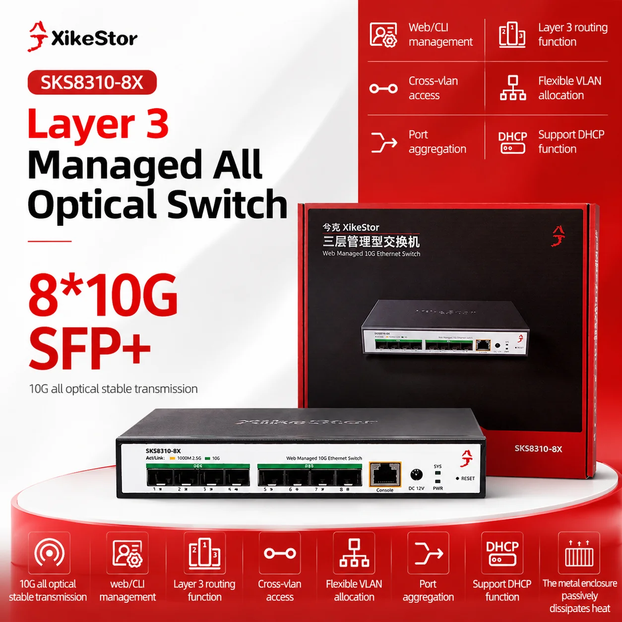 XikeStor SKS8310-8X 8 Port 10G SFP+ Layer 3 Managed Switch Support VLAN LACP Static Routing NAS Enterprise Networking Equipment