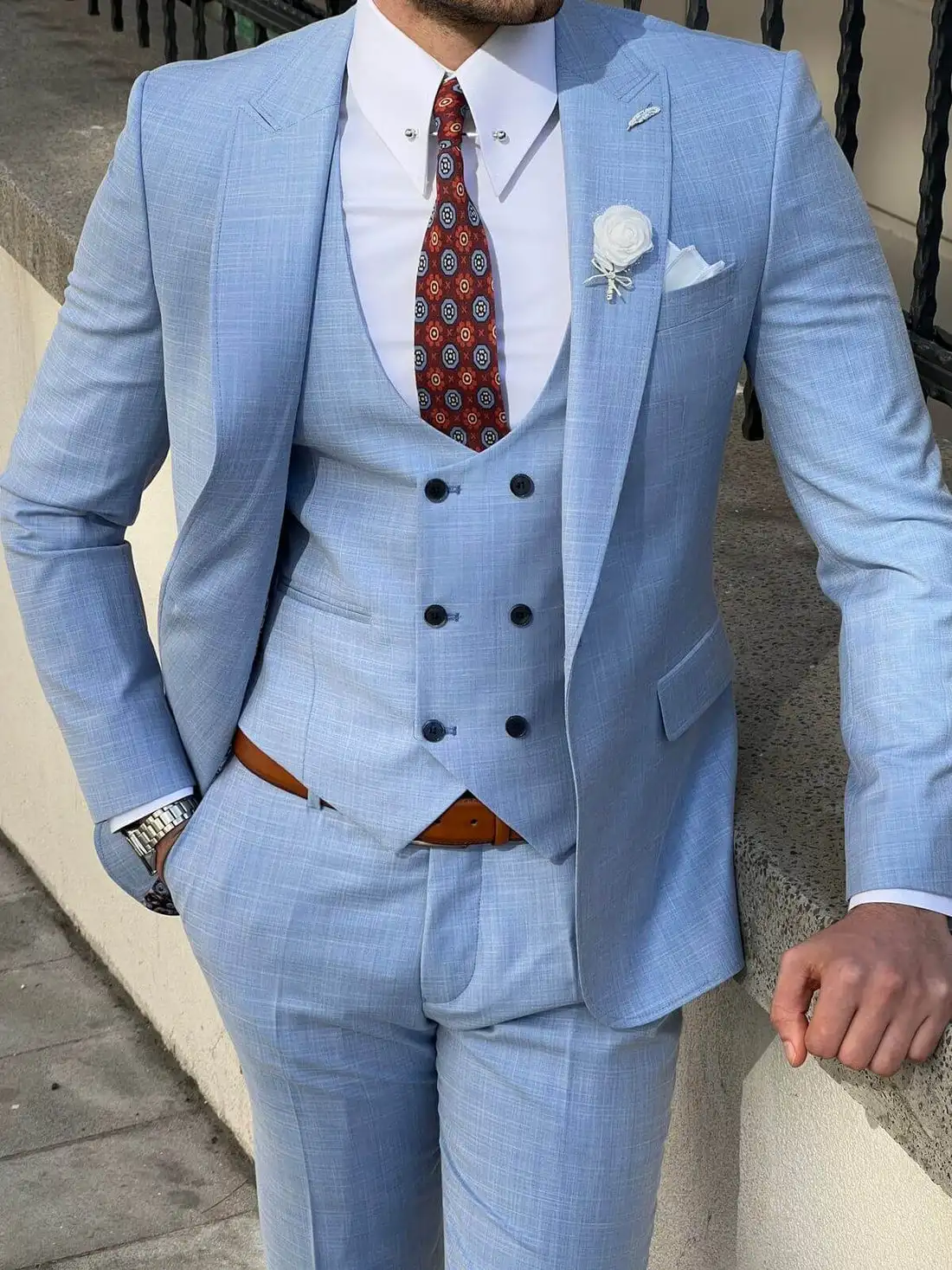 Blue Men\'s Suits Fashion Slim Fit One Button Pocket Design Male Tuxedo Formal Wedding 3-Piece Jacket+Pants+Vest Costume Homme