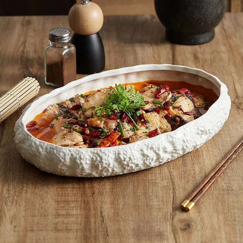 

Rock Grain Ceramic Platter, Large Deep Dish for Steaming Fish & Sashimi,Luxury Hotel Restaurant Tableware