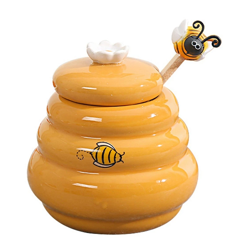 Ceramic Beehive Honey Pot And Wooden Dipper Honey Jar With Lid Honey Stir Bar For Honey Jar Supplies Kitchen Accessories