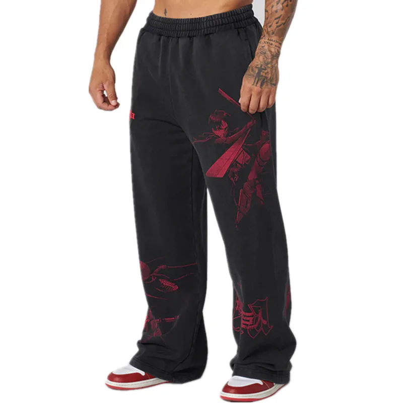 new 2026 American sports pants gym fitness running training pants cotton wool print wide leg pants - Image 3