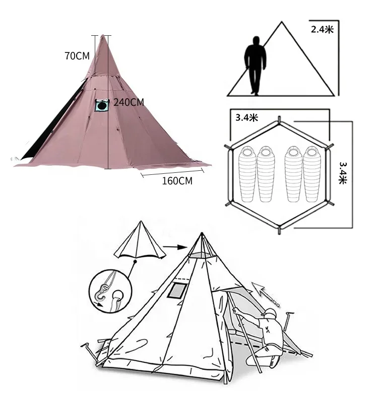 Indian Hexagonal Pyramid outdoor tent Camping for 4 people outdoor camping big tent Camp Tents 4-6 Person