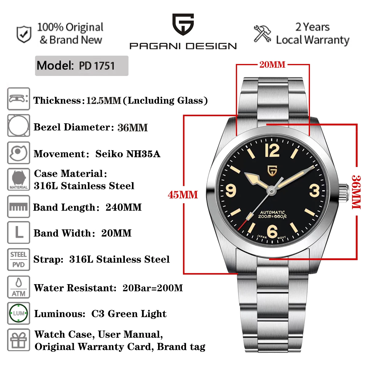 2024 New PAGANI DESIGN Luxury Men Mechanical Watches Stainless Steel 36MM Watch Top Brand Sapphire Glass Men Watch reloj hombre