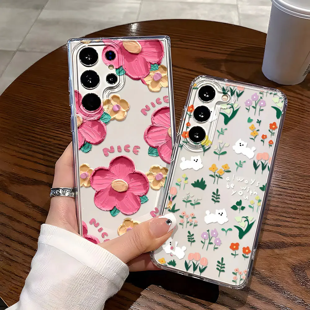 Blume Telefon Fall Für Samsung Galaxy S25 Ultra Funda S24 Plus S23 S22 S2S S20 FE Transparent Weiche Silikon Stoßfest Abdeckung coque