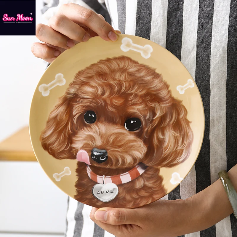 

Creative Pet Cute Teddy Plate Household Ceramic Tableware Poodle Round Bone Porcelain Western Dish Decorative Plate Gift Animal