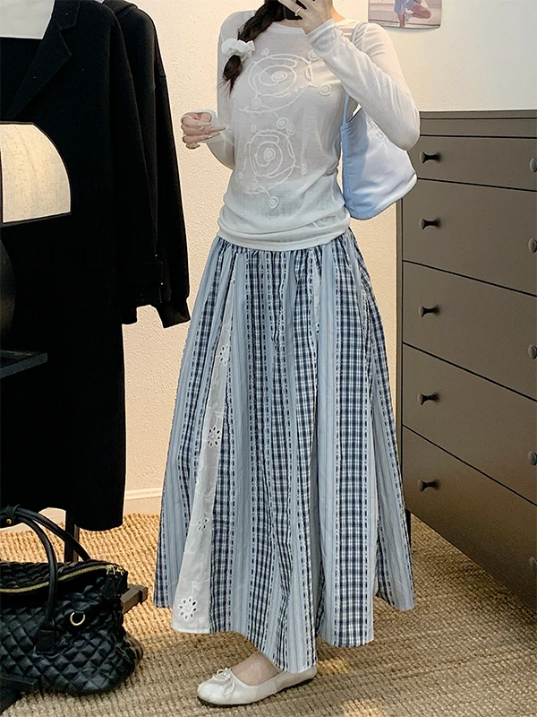 

plus Size Casual Print Set Women Spring Summer New White Semi-Transparent Sun Protection T-Shirt Plaid Long Skirt Half-length...