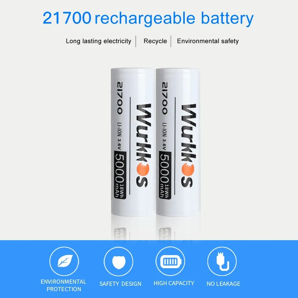 Wurkkos 3.7V 21700 Flat Battery 5000mAh Rechargeable Power Batteries 3C Discharge 21700 Cell Lithium Battery with a Flashlight