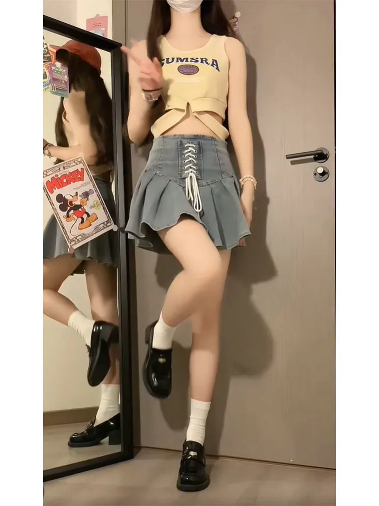 Jupe en jean taille haute pour femmes, douce et fraîche, fille épicée, ceinture amincissante, Design ligne a, jupe plissée, nouvelle collection été